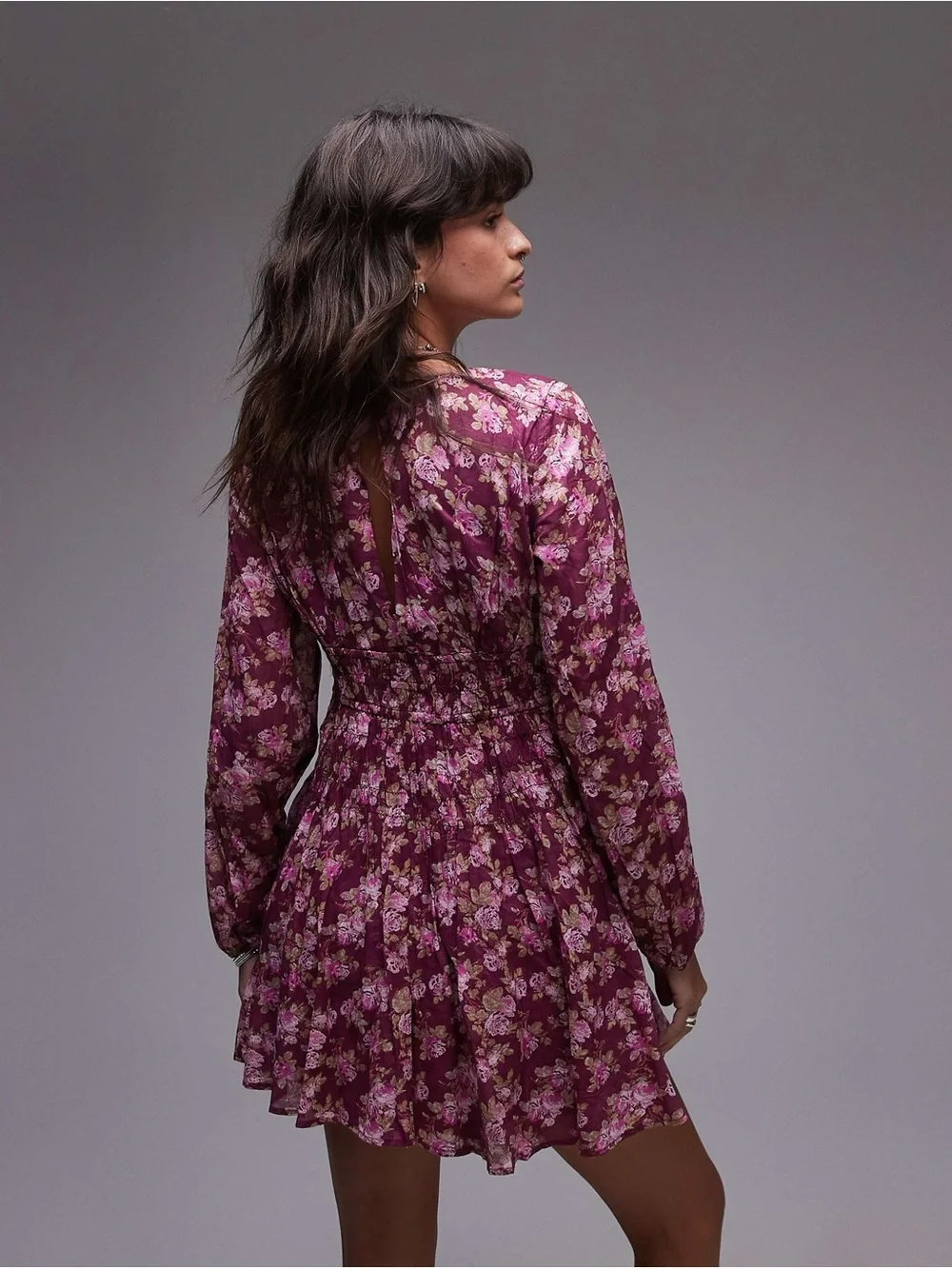 Free People Keep You Mini Dress Berry Combo Floral Boho V-Neck Large EUC